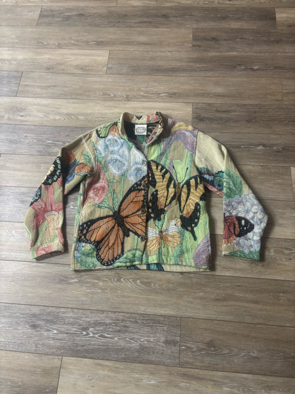 Sugar Street Weavers Jacket Sz S Tapestry Monarch Butterfly Garden Flowers Vtg